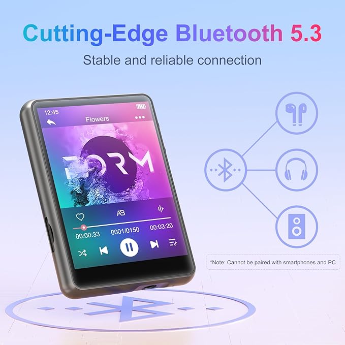MECHEN 64GB MP3 Player Bluetooth 5.3 with 2.4" Full Touch Screen，Portable Digital Music Player with Speaker，FM Radio, Line Recording, HiFi Lossless Sound, Support up to 128GB. (Gray)