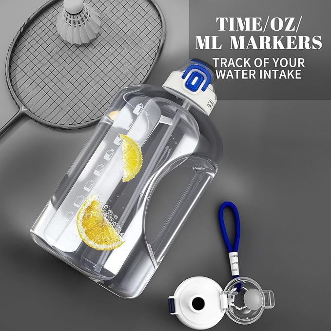 64 OZ Water Bottle with Straw, Half Gallon Water Bottle Times to Drink, Reusable Leak Proof Water Jug Handle with Strap, 2 Lids BPA Free for Fitness Gym Camping (Clear, 64 Ounces)