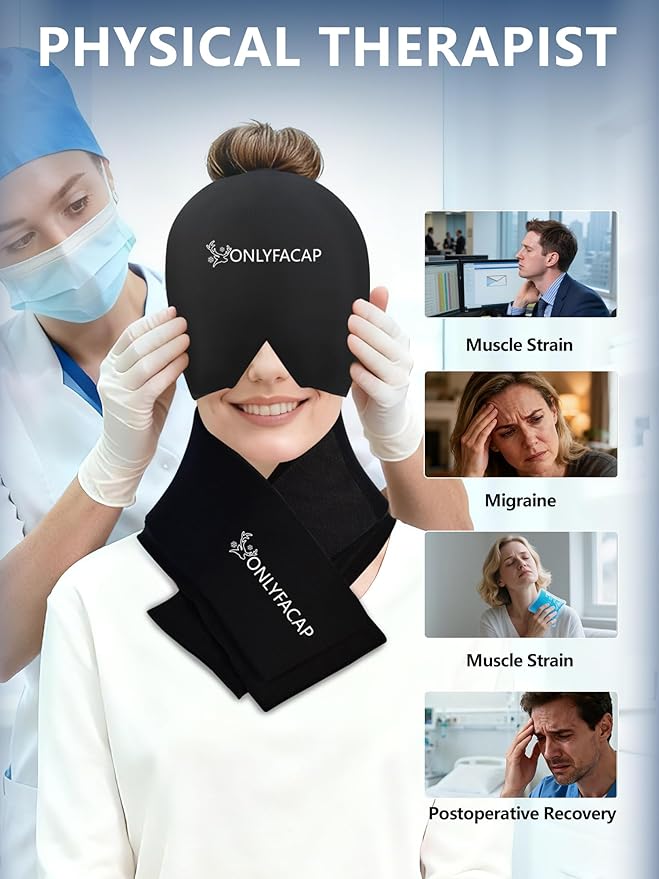 Migraine Relief Cap and Neck Ice Pack Set, Upgraded and Thickened Reusable Gel, Hot and Cold Compress Therapy for Neck and Headache Pain Relief, Hangover, Tension, Stress and Puffy Eyes