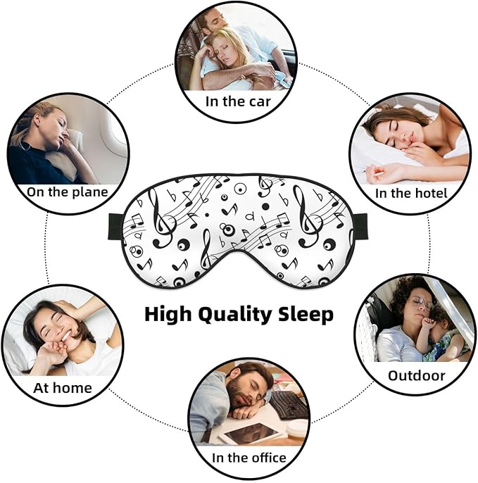 Black Music Notes Sleep Mask Eye Mask with Adjustable Strap Eye Sleep Shade Cover Blocks Light for Women Men Airplane Travel Nap