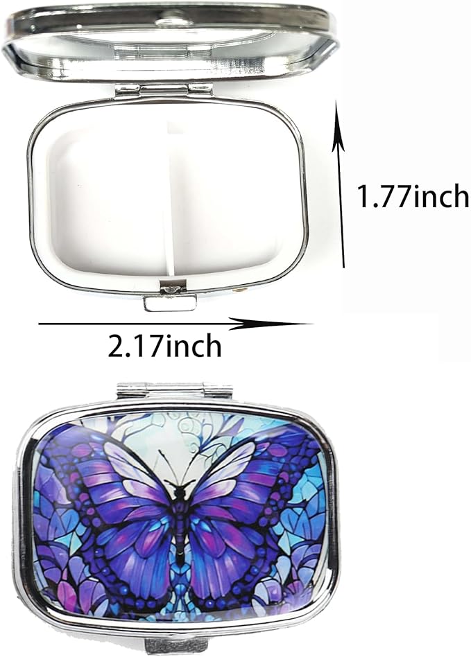 WATASSA Pill Box with Animal Style Mirror All-in-One 2-Compartment Portable Medicine Organizer, Marble Pattern Travel Pill Case for Vitamins&Daily Medication(Fits Pocket/Purse) (Purple Butterfly)