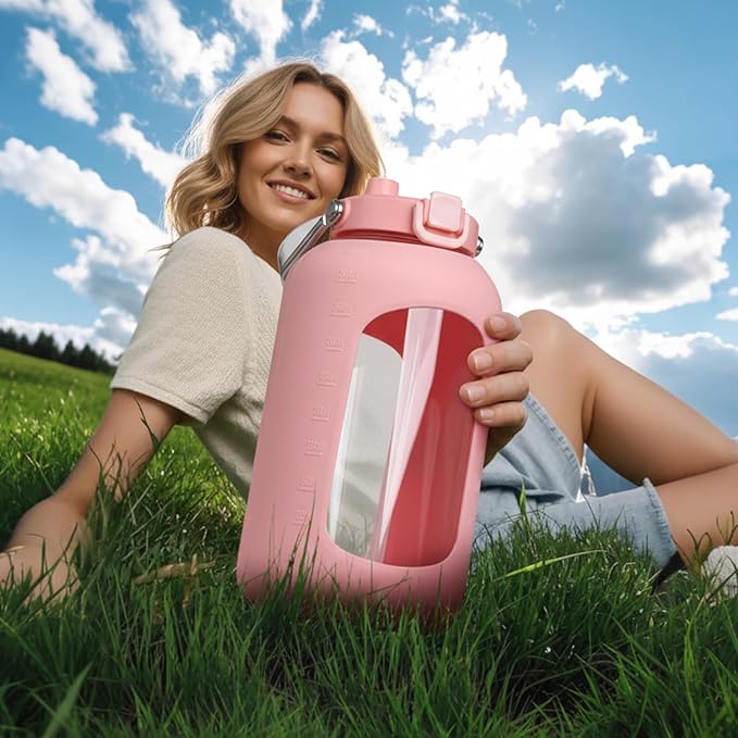 BLUEGO 100 oz Glass Water Bottle with Straw, Huge 3 Liter Water Bottle with Sturdy Handle, Glass Water Jug with Sleeve, Wide Mouth Water Container with Time Marker, Pink