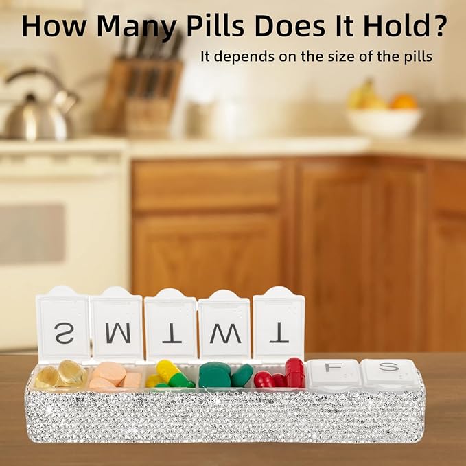 Weekly Pill Organizer 7 Day Small Pill Case Medicine Holder Daily Pill Box Bling Vitamin Container Medication Cases Organizers(Black)