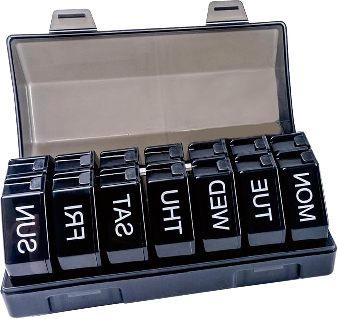 Weekly Pill Organizer 4 Time a Day，Pill Dispensers， Pill Box 7 Day with 28 Extra Large Compartments Portable Travel ，4 Times a Day Pill Case, for Medication/Vitamins/Fish Oils (Black)