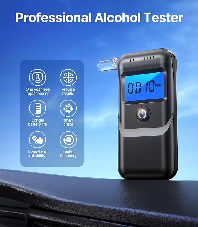 Breathalyzer, Alcohol Breathalyzer Tester with LCD Digital Display, Portable Breathalyzer for Home and Party Use (Includes 10 Mouthpieces)