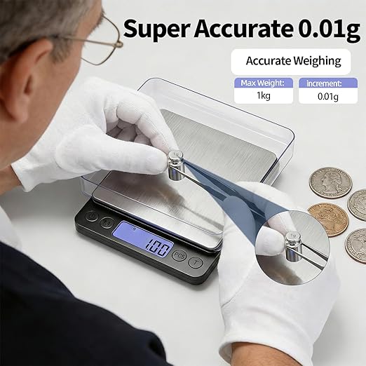 SKEAP Coin Scale to Weigh Coins, 1kg/0.01g High Accuracy Gram Scale for Coin Collectors, Gold and Jewelry, with USB Charging, LCD Display, PCS Counting, Includes Charging Cable and AAA Batteries
