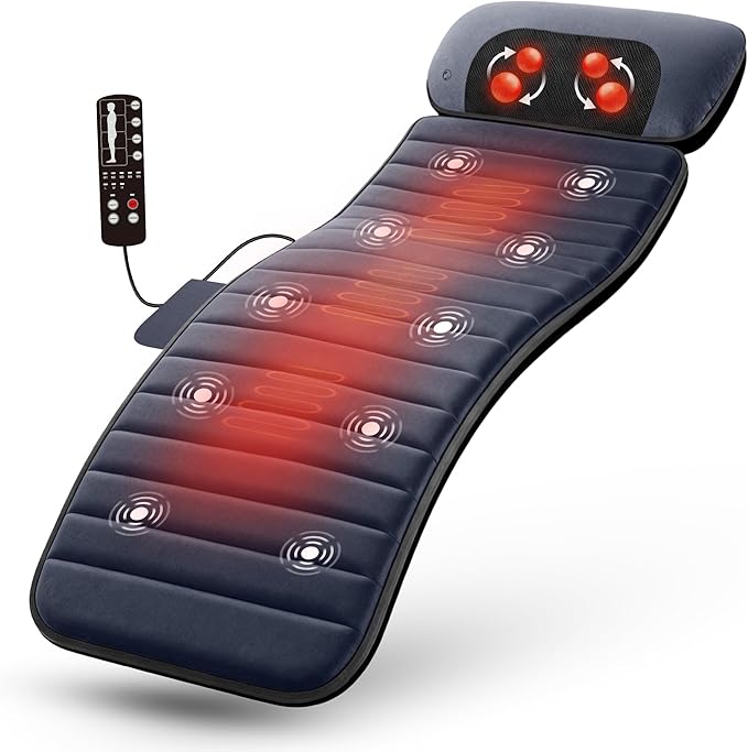 Full Body Massage Mat with Heat, Independent Shiatsu Neck Massager Pillow, 10 Vibration Motors, 5 Modes & 3 Intensities, Foldable Back Massage Pad with 15-Min Auto Off for Home & Office