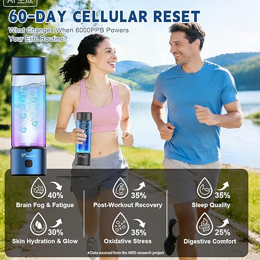 Hydrogen Water Bottle Generator - 2026 Hydrogen Water Machine - 6000 PPB SPE/PEM Tech Glass Hydrohealth Water Bottle for Kidney Health Hydrogen Bottle Gift for Family & Friends (Button/Blue)