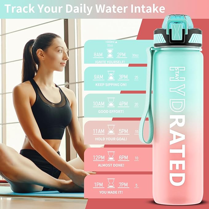 Water Bottle with Straw, 32oz Motivational Water Bottles with Time Marker to Drink, Tritan BPA Free, 1L Sports Water Bottle with Carry Strap LeakProof for Women Gym Fitness Outdoor (1 Pack)