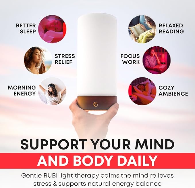Rubi Red Light Therapy Lamp – 670nm Wavelength for Natural Sleep, Relaxation & Wellness | Adjustable Brightness for Bedroom Light | Elegant Glass & Wood Design | One-Touch Lamp Switch