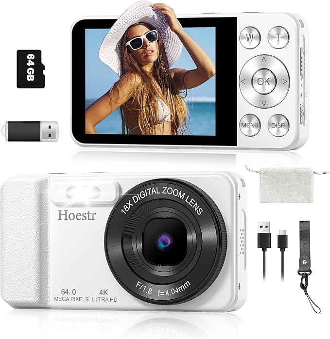 64MP 4K Digital Camera, Hoestr 18X Zoom Autofocus Point and Shoot Compact Camera with 64GB TF Card, Flash, 2.8" LCD Screen for Teens Adult Beginner Travel Photography Vlogging（White）