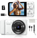 64MP 4K Digital Camera, Hoestr 18X Zoom Autofocus Point and Shoot Compact Camera with 64GB TF Card, Flash, 2.8" LCD Screen for Teens Adult Beginner Travel Photography Vlogging（White）