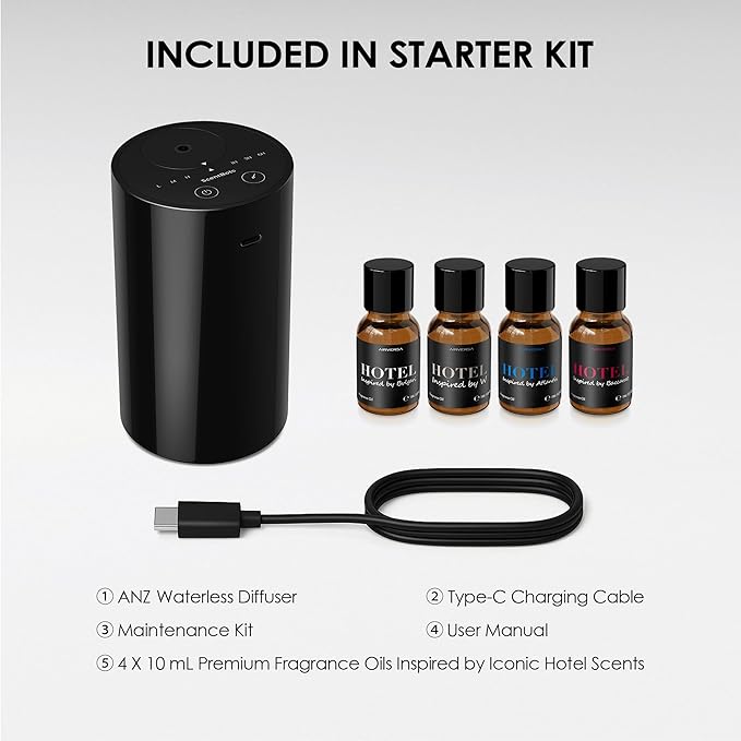 Waterless Essential Oil Diffuser Starter Kit with 4 x 10mL Hotel Scent Fragrance Oils, Battery Operated Mini Scent Air Machine Portable Diffuser for Home Car Office, ANZ Black Kit