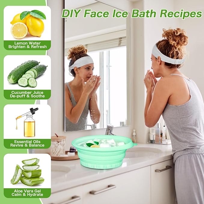 Foldable Ice Bowl with Built-In Ice Tray – Silicone Facial Ice Bath for Shrinking Pores, Boosting Circulation, Cold Plunge Skincare Gift for Men & Women (Green