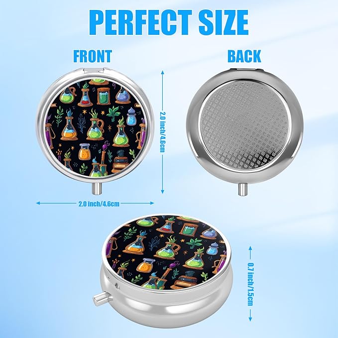 Pill Box, 3 Compartments Small Pill Case Travel Portable Metal Medicine Box with Mirror Mini Container for Purse Pocket Women Men（Magical Potion）
