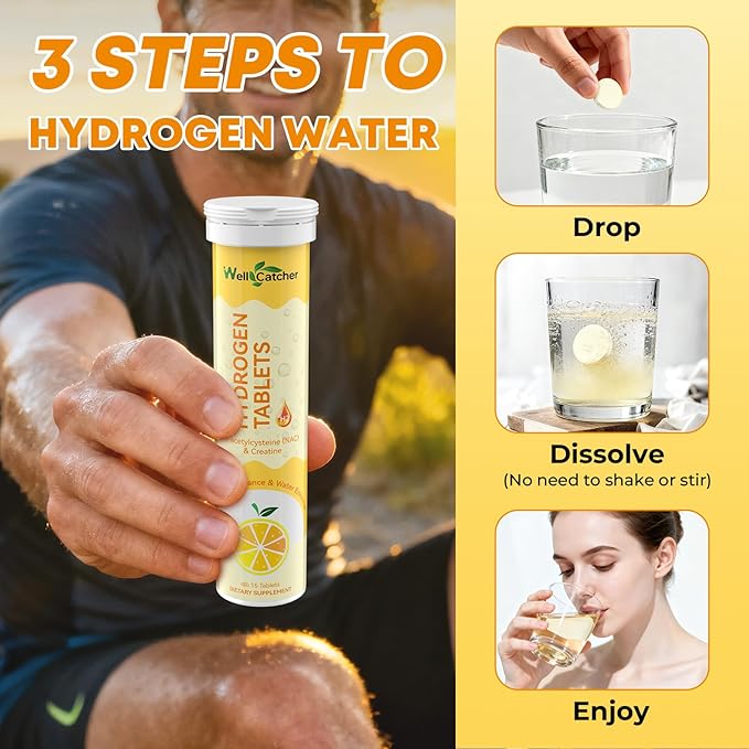 Hydrogen Tablets for Drinking Water: Molecular Hydrogen Tabs 12.4PPM with Magnesium NAC Creatine Supports Antioxidants Cellular Health Recovery Cognitive Function Vegan Organic Lemon Flavor