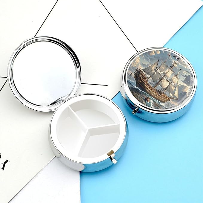 Nautical Sailing Pirate Ship Pill Box Travel Pill Case for Purse Pocket Weekly Medicine Organizer with Mirror 3 Compartment Round Medicine Case Portable PillcaseHolder for Daily