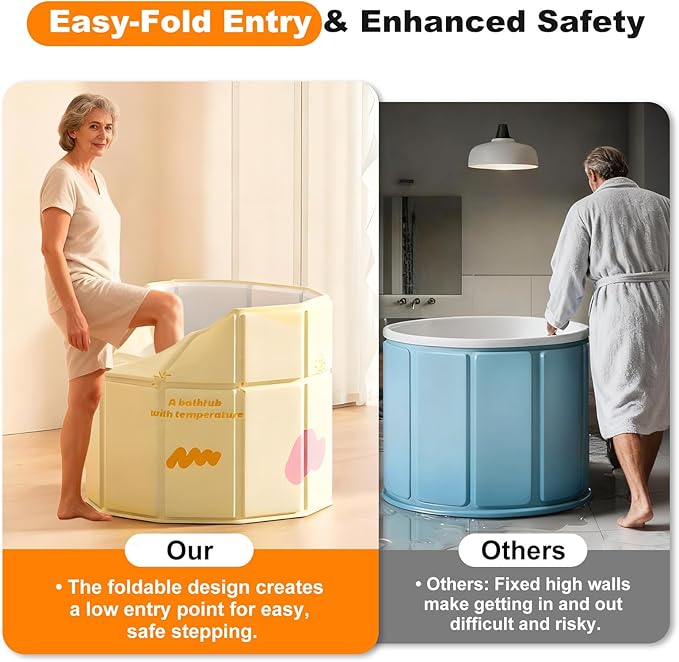 Portable Bathtub for Adult 27.5"x27.5" Collapsible Cold Plunge Bathtub Foldable No Installation Ice Bath Tub for Shower Stall, Bathroom Hot SPA Soaking Standing Tub