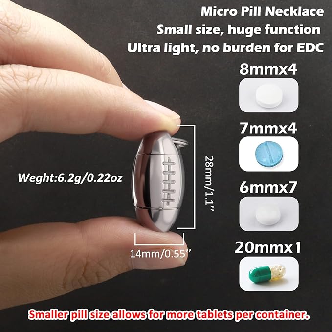 Football Shape Pill Holder Necklace Keychain Titanium Nitro Pill Case for Men Women Small Waterproof Pill Holder for Emergency Aspirin, Pill Container W/Chain Gifts Stocking Stuffers