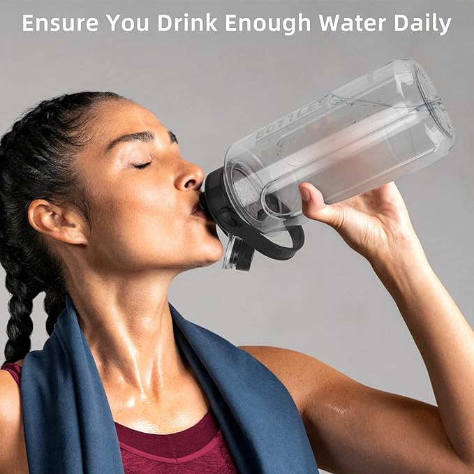 Half Gallon/64oz Water Bottle With Handle, Leak proof with removable strainer, BPA Free Fitness 2L Sports Water Jug, ensure You Drink Enough Water Daily for Gym and Outdoor Sports(Grey)