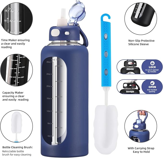 SIEROZUR 32 oz Glass Water Bottle with Straw and Handle 1 Liter Glass Water Bottle with Silicone Sleeve and Time Marker Sports Water Jug Wide Mouth for Travel Gym