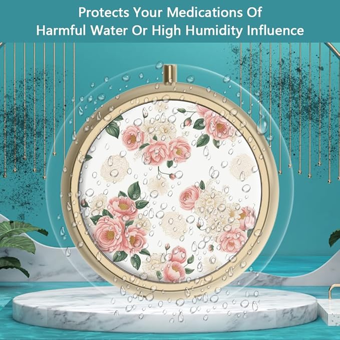 Pill Organizer Pill Box with Mirror Retro Small Pill Case for Purse or Pocket Bronze Pill Box or Vitamins, Fish Oil, Supplements, Pill Containe Travel Gifts（2PCS-Retro Pink Floral）
