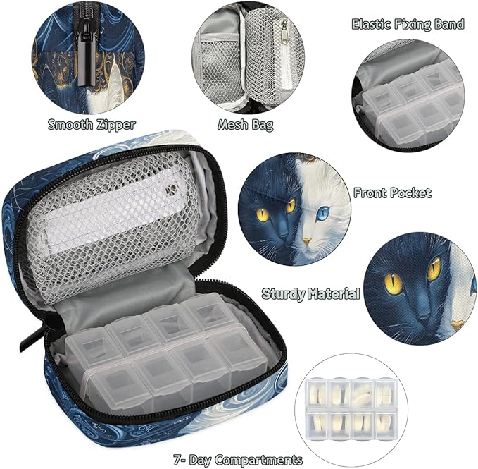 Weekly Travel Pill Organizer Case for Purse with Removable 7 Day Box Portable Compact Size Pill Box Fashionable Pill Container for Medicine Vitamin Supplement Blue White Cat
