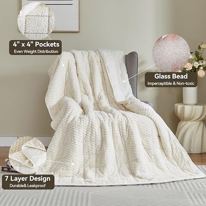 Weighted Blanket Queen Size for Adults,15lbs Jacquard Sherpa Heavy Blanket for Calming and Relax, Dual Sided Ultra Soft Fuzzy Throw Blanket with Glass Beads, 48" x 72", Cream White