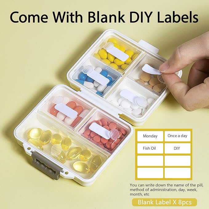 1 Pack Travel Pill Organizer,Portable Daily Pill Box,7 Grid Compartments Weekly Pill Case with Lables,Mini Medicine Organizer Box,Compact Pocket Pharmacy for Purse Vitamin Fish Oil Container (White)