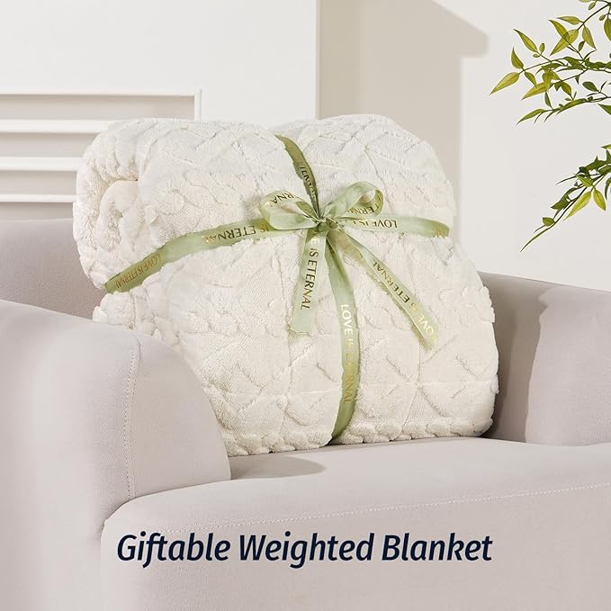 Wemore Weighted Blanket for Adults Twin Size 15 lbs, Dual Sided Soft Fuzzy Jacquard Sherpa Weighted Blankets for Sleeping, Cozy Fluffy Knitted Heavy Blanket for Couch Bed, Cream White, 60 x 80 inches