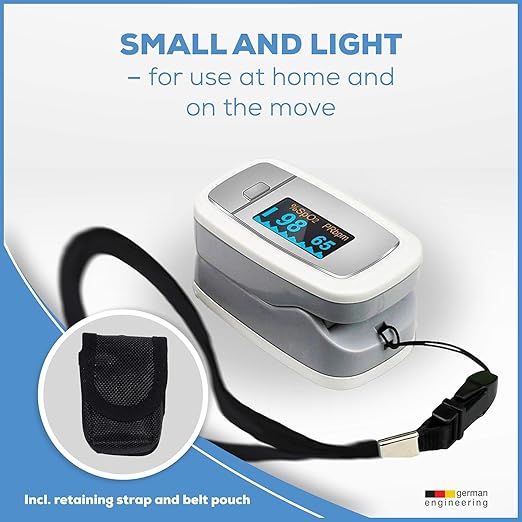 Beurer PO30 Fingertip Pulse Oximeter, Pain Free Blood Oxygen Saturation & Heart Rate Monitor with 4 Display Options, Lanyard, Storage Bag & Batteries Included