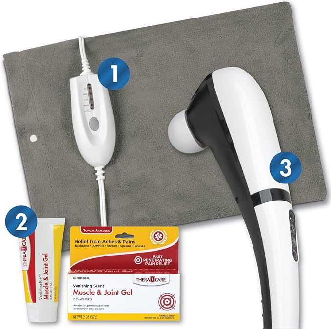 Pain Management Bundle 3-Piece | Personal Deep Tissue Massager | Muscle & Joint Pain Relief Gel | Deluxe Moist Dry Heating Pad | Therapeutic Care at Home | Whole Family Care