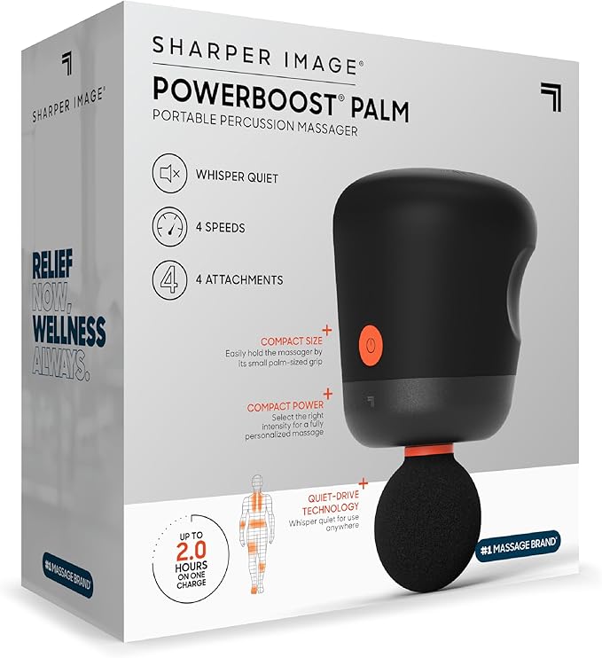 Sharper Image Mini Massage Gun, Powerboost Palm Rechargeable Deep Tissue Percussion Handheld Massager, 4 Adjustable Speeds, 4 Attachment Heads, Full Body Muscle Pain Relief Gift, Black