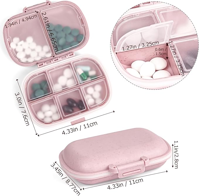 1Pack Travel Pill Organizer & 56 Medicine Name Stickers, 8 Compartments Portable Pill Case, Small Pill Box for Pocket Purse Portable Medicine Vitamin Container (Pink with Stickers)
