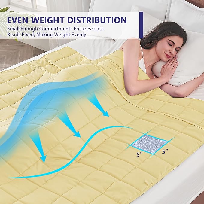 yescool Weighted Blanket for Adults (25 lbs, 60" x 80", Yellow) Cooling Heavy Blanket for Sleeping Perfect for 240-260 lbs, Queen Size Breathable Blanket with Premium Glass Bead, Machine Washable
