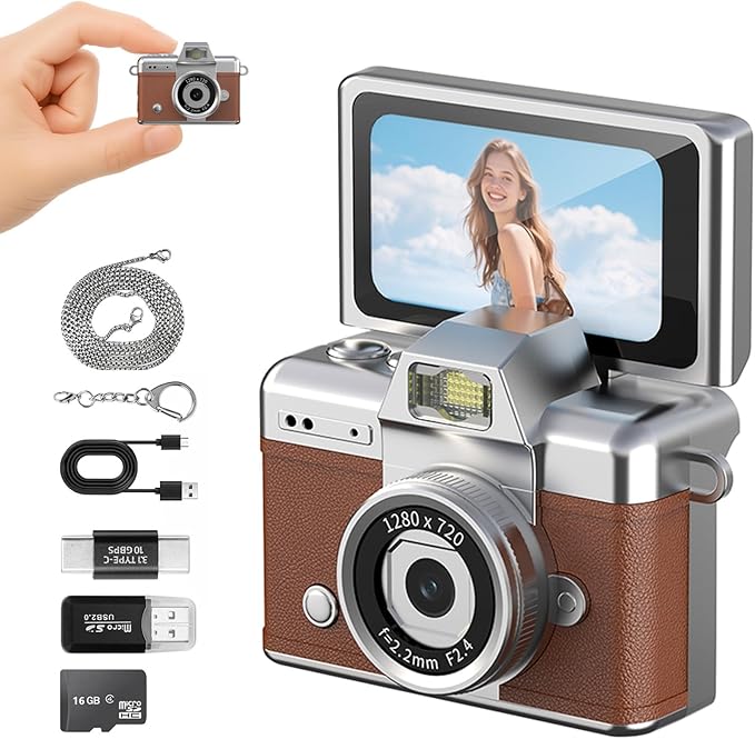 Mini Keychain Camera with Flip Screen Series,1080P HD Multiple Shooting Recording Modes, Portable Digital Camera with 16GB SD Card for Travel, Party. Ideal Pendant Gift