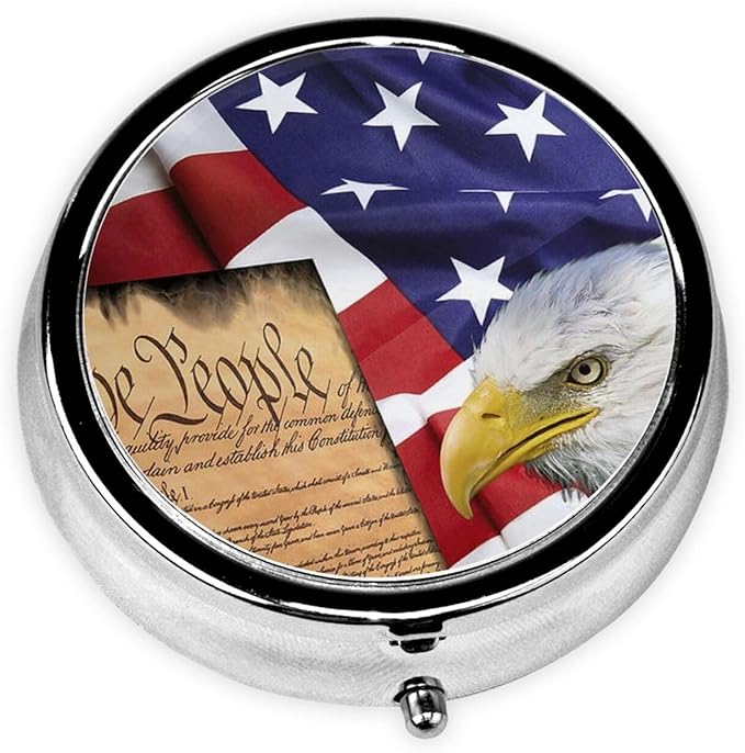 Men Women Round Pill Box Medicine Pill Case, American Flag Patriotic USA Bald Eagle and Book Portable Medicine Tablet Vitamin Holder Organizer for Purse Pocket Travel Gift