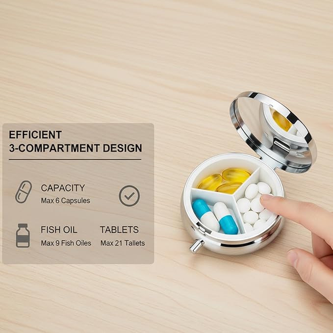 Round Pill Case Small Pill Box with Mirror Pocket 3 Compartment Vitamin Pill Medicine Case Organizer Pill Containers for Traveling Garden Cute Black Cat