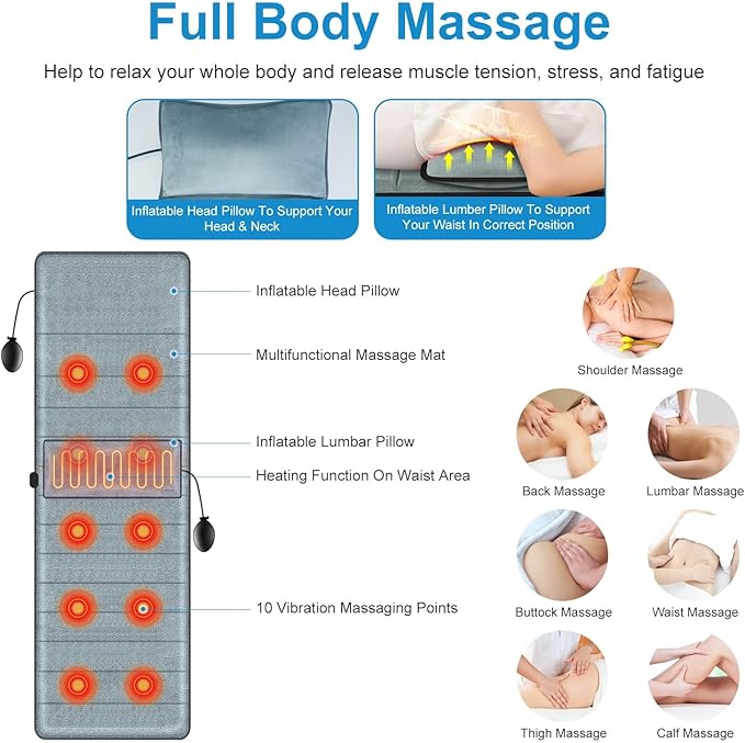 Full Body Massage Mat Electric Pad Cushion Heat Vibration Massage Pad with 10 Vibration Motors 3 Timers Inflatable Head Pillow Relax for Back Head Lumbar