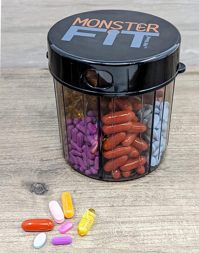 Monster & Monster Jr Supplement Medication Pill Dispensers 2 Pack with Labels, Extra Large and Small Pill Container Bottles Handle Almost Any Supplement, Easy to Dispense (Monster & Monster Jr.)