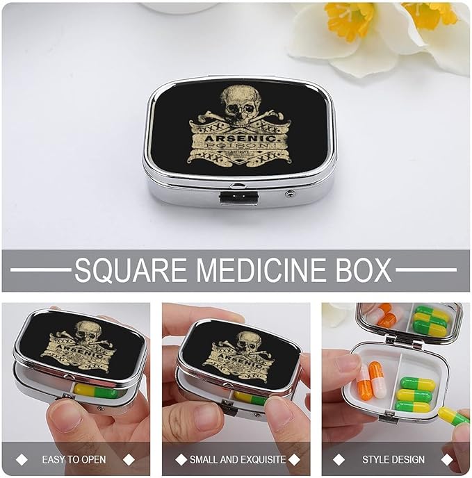 Metal 2 Compartment Pill Organizer Travel Friendly Portable Compact Pill Box Cute Pill Case to Hold Vitamins/Fish Oil/Supplements/Meds/Tablet for Purse/Pocket (Arsenic Poison)
