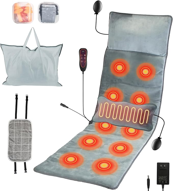 KOCASO Full Body Massage Mat with Heat Electric Vibration Massage Pad Back Massager Inflatable Head Pillow for Chair 10 Motors 9 Modes 3 Heat Levels Lumbar Pillow for Gift/Type 5 with 2 Earplugs