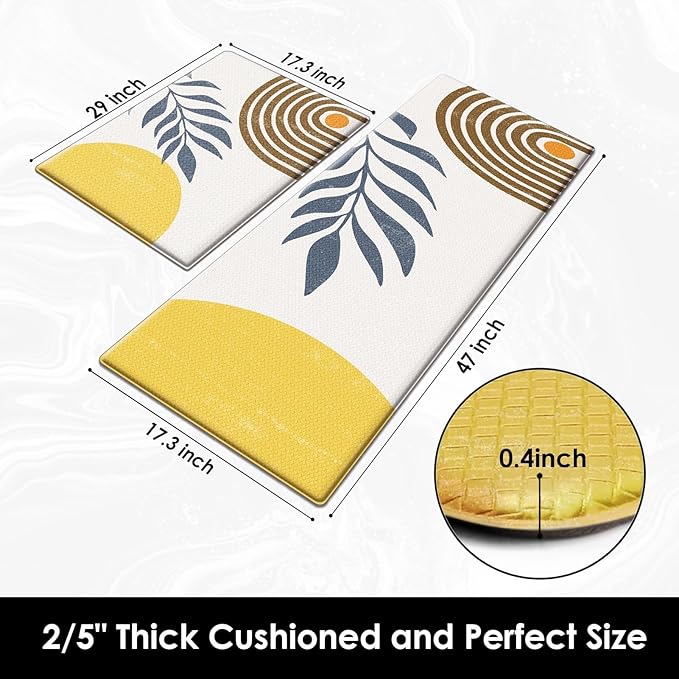 Anti-Fatigue Boho Kitchen Rug Set of 2 Cushioned Bohemian Rug Mat for Floor, Yellow Sun Standing Waterproof Non-Slip Mat PVC Ergonomic Comfort Foam Rug for Kitchen
