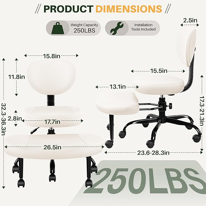 Primy Criss Cross Office Chair - ADHD Cross Legged Chair with Wheels - Adjustable Height Ergonomic Kneeling Desk Chairs for Meditation Yoga Home Office with Backrest, 360°Rotating Footrest -White