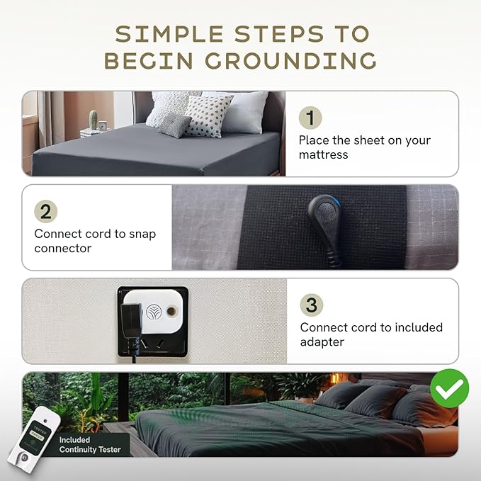 Grounding Sheets King, 12% Pure Silver, Organic Cotton, Cool, Soft, Fitted Earthing Sheets with Deep Pockets, Includes Continuity Tester, Adapter, 2 Cords, Connected Bedding