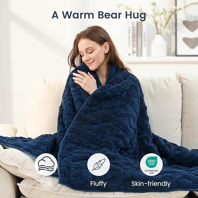 Sherpa Fleece Adult Weighted Blanket Great for Sleep, 20 lbs Dual Sided Soft Fuzzy Heavy Blankets for Couch Bed Sofa, Cozy Warm Fluffy Jacquard Throw for Winter (Navy Blue, 60" x 80", 20 Pounds)