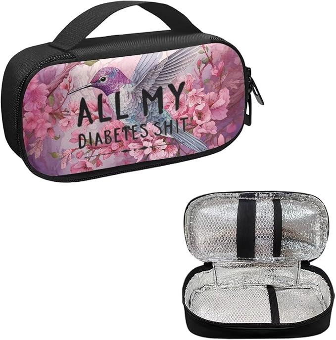 Rnyleeg Pink Diabetic Bags for Women Floral Hummingbird Insulin Cooler Travel Case Large Capacity Insulin Bags for Traveling All My Diabetes Shit