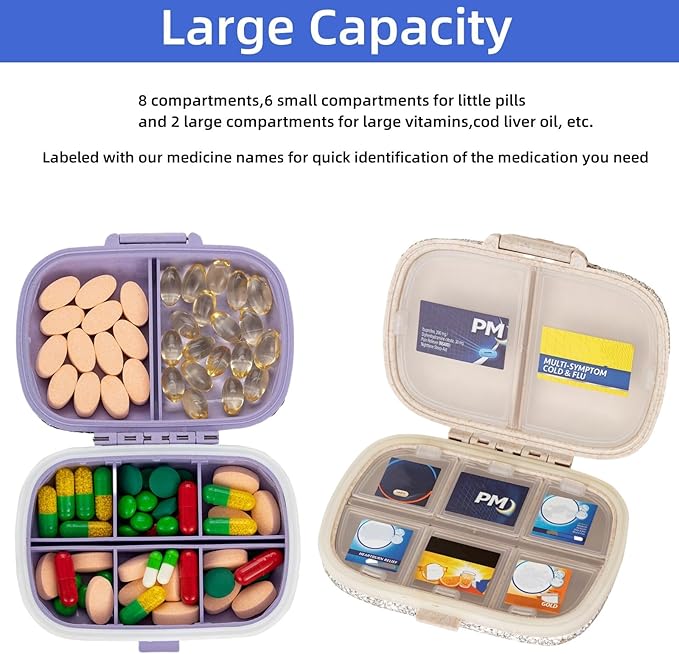 Pill Organizer with Labels Bling Pocket Pill Case with Stickers Travel Medicine Kit Holder Small Purse Pill Box Container Portable Mini Medication Storage (Purple & 300 Labels)