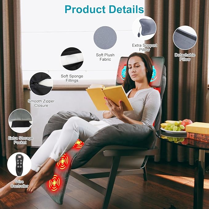 Full Body Massage Mat with Heat & Movable Shiatsu Neck Back Massager Pillow,Massage Pad with Back Lumbar Support,9 Massage Modes,10 Vibration Motors & 3 Heating Levels,for Neck Leg Pain Relief