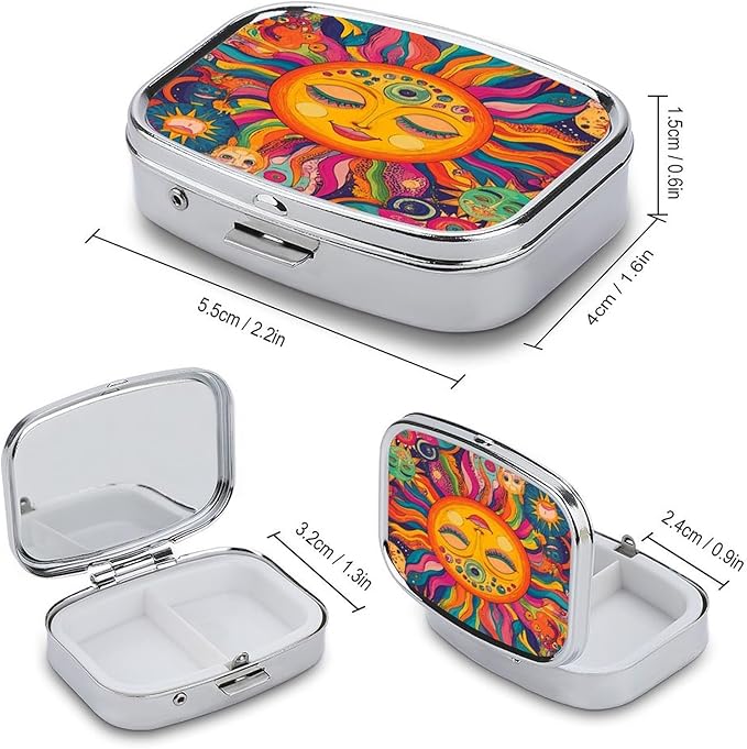 Metal 2 Compartment Pill Organizer Travel Friendly Portable Compact Pill Box Cute Pill Case,for Pocket Wallets Daily Portable Medicine Vitamin Tablet Storage (The Peculiar Sun)